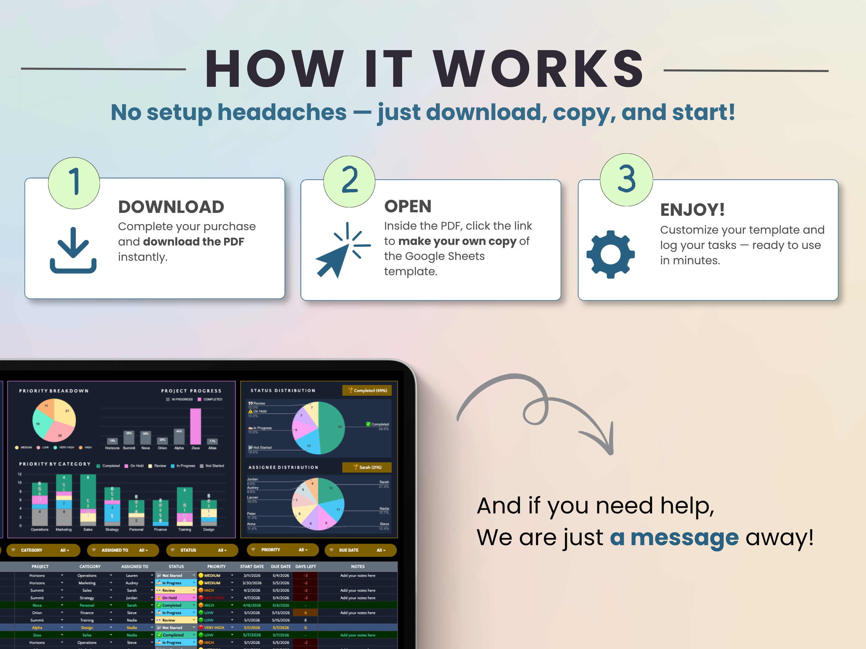 Step-by-step guide on how to use a product or service with a tablet displaying a dashboard.