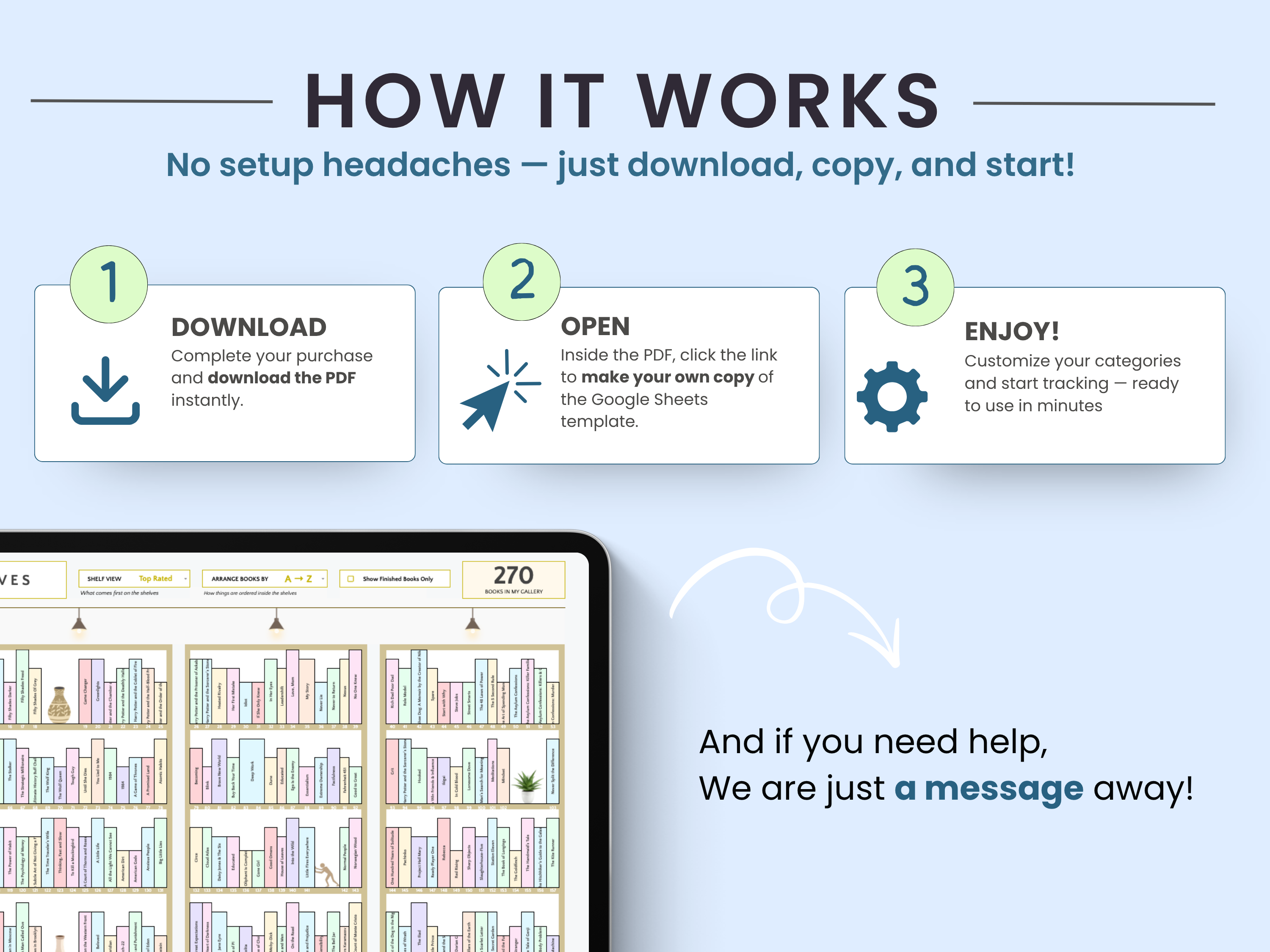 Step-by-step guide on how to use a digital product with a tablet displaying a bookshelf app.