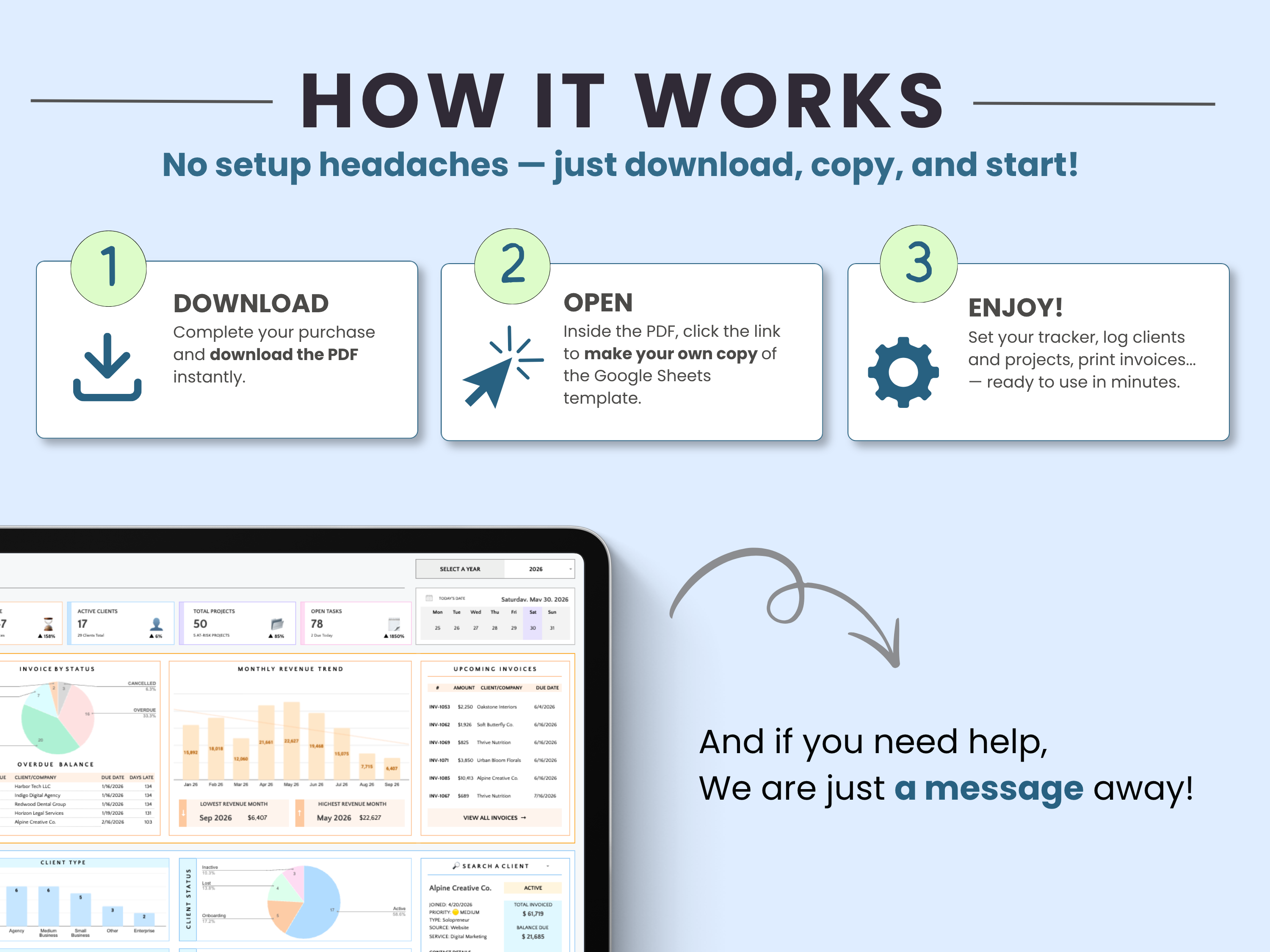Step-by-step guide on how to use a software product with a tablet displaying a sample dashboard.