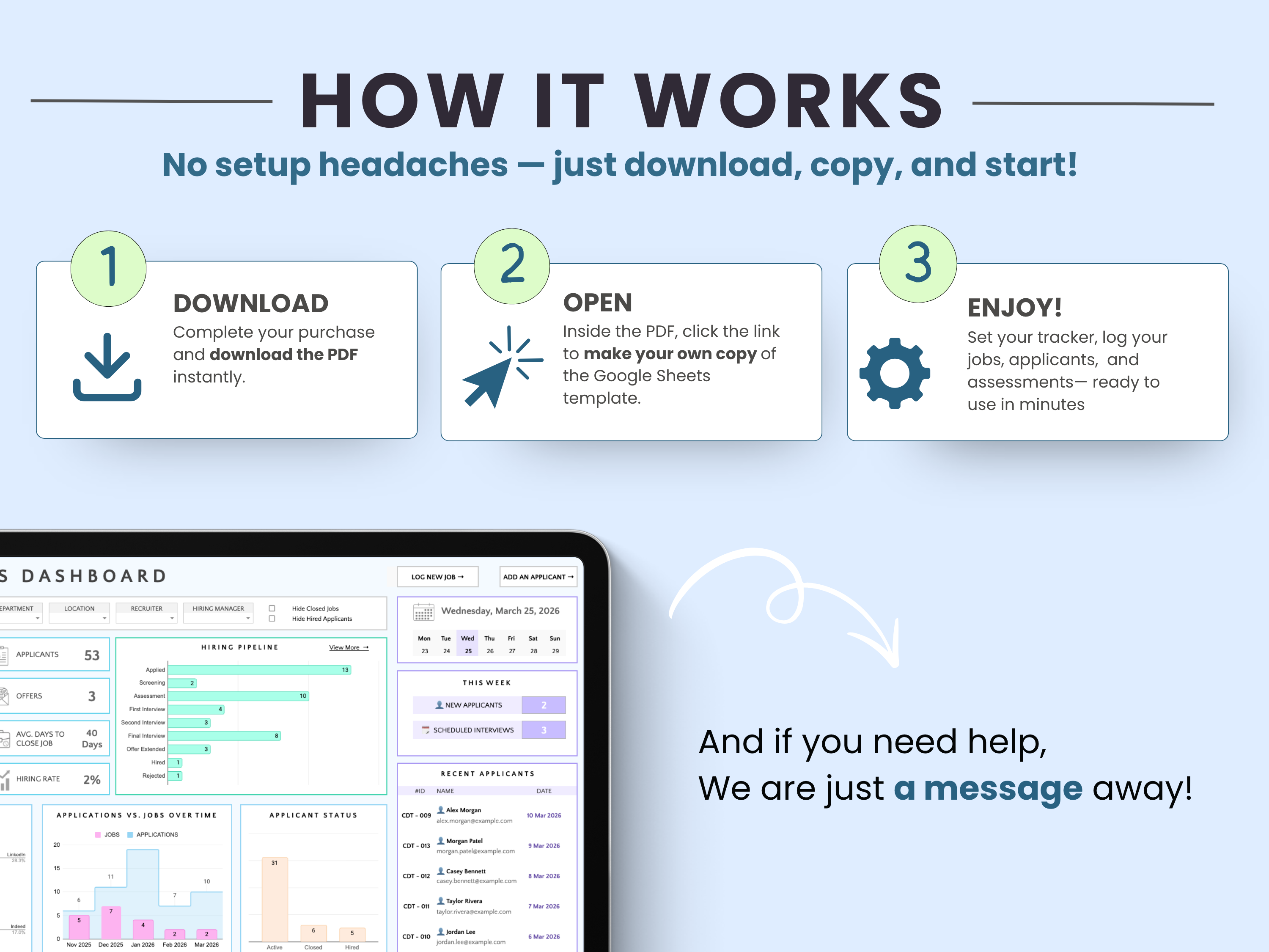 Step-by-step guide on how to use a software product with a tablet displaying a dashboard.