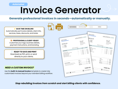 Invoice Generator tool with two displayed invoices on a light blue background
