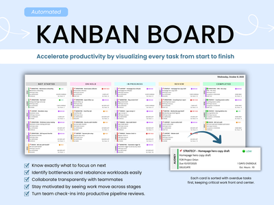 Kanban board software interface with task lists and progress indicators on a blue background
