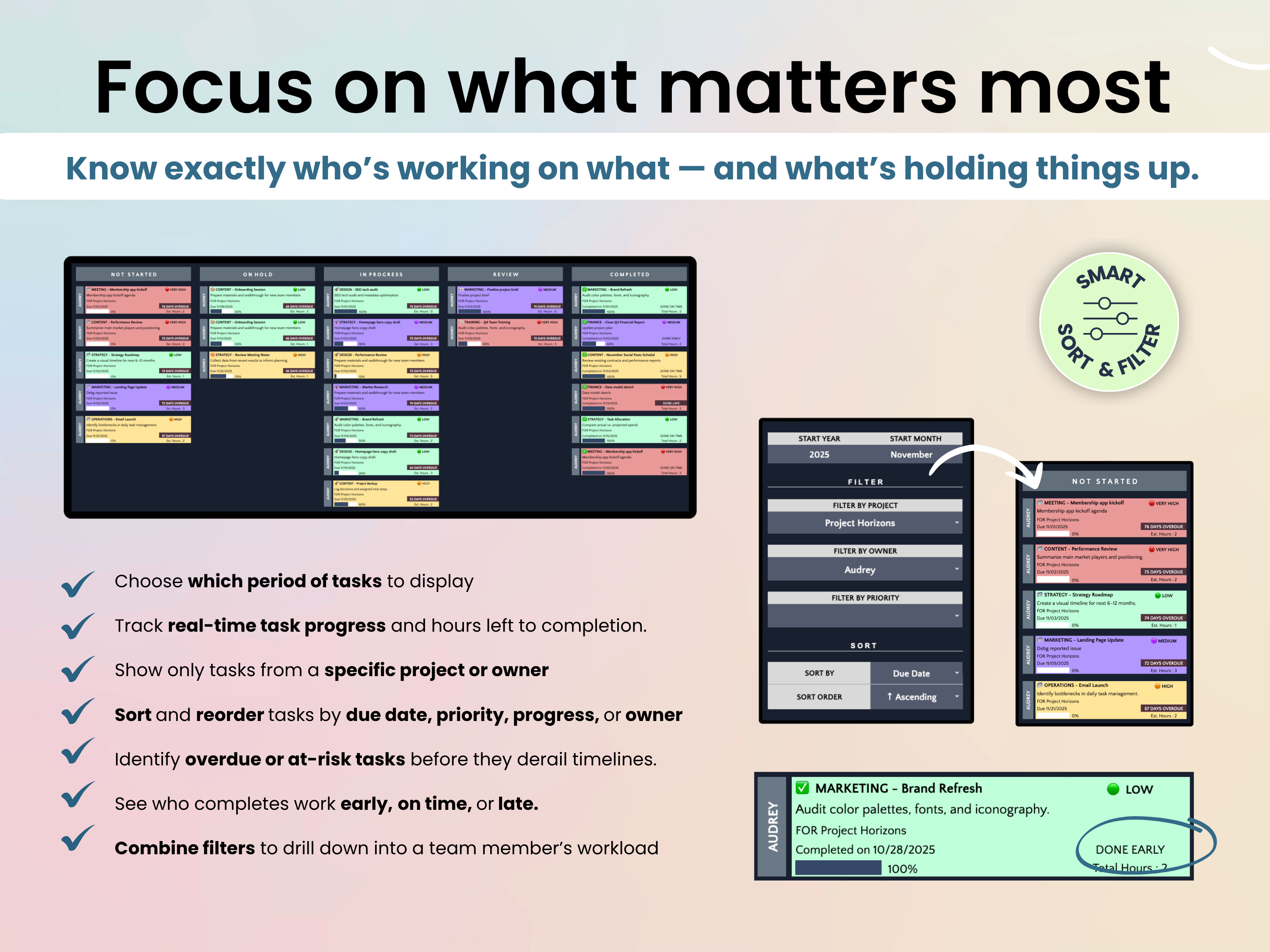 Project management software interface with task lists and filters on a beige background
