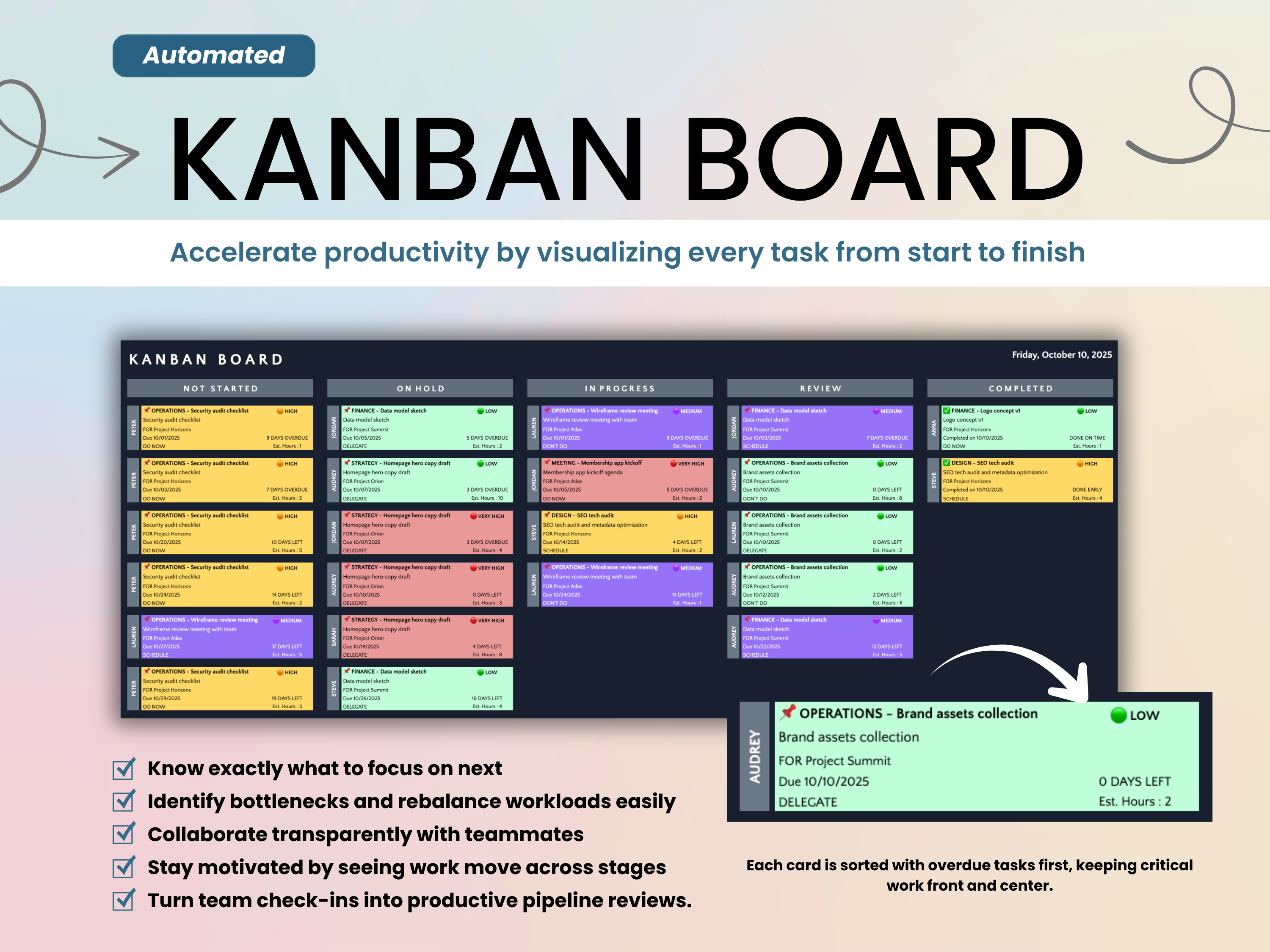 Kanban board with colorful cards on a light background
