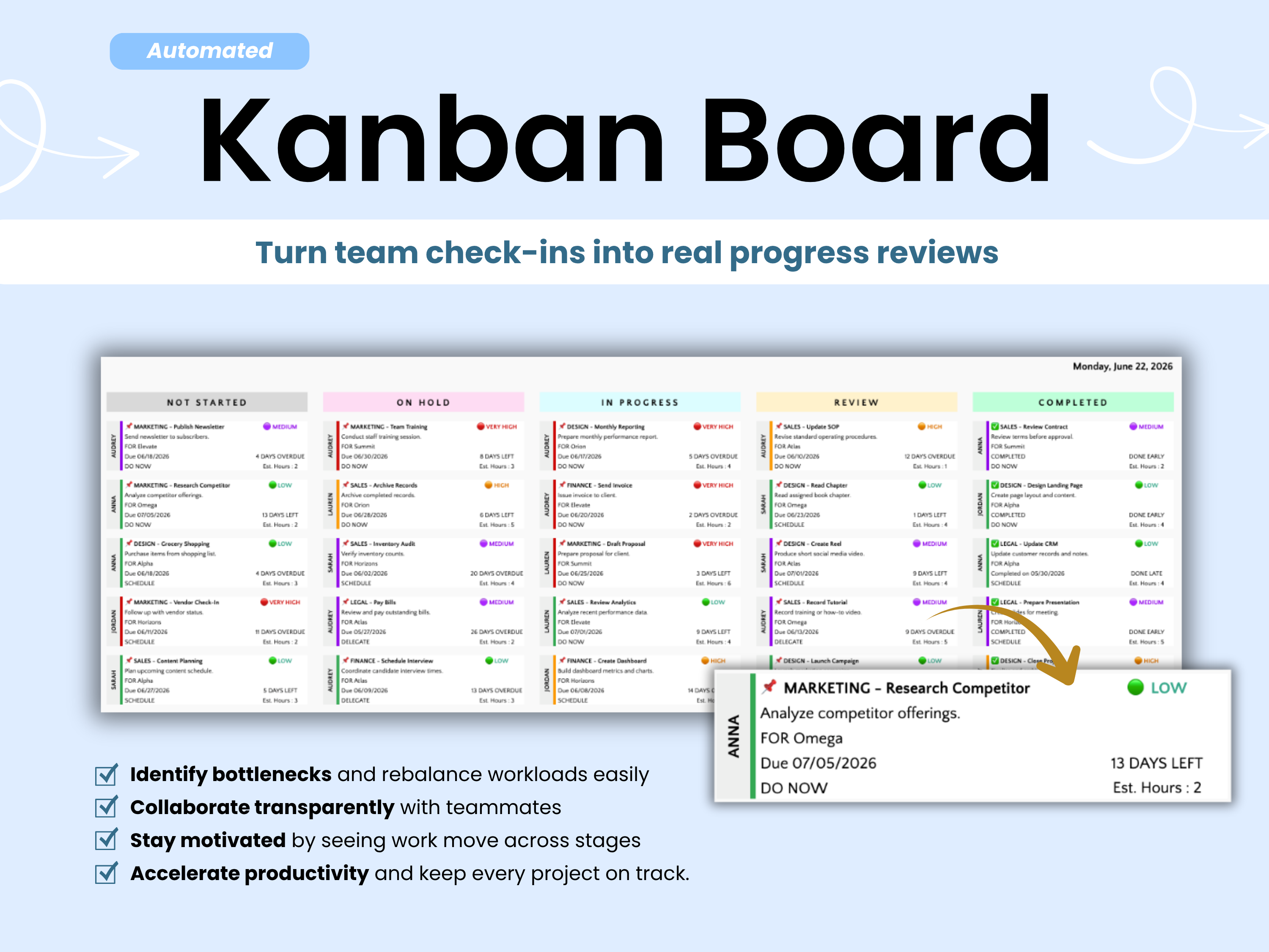 Kanban board task tracker to turn team check-ins into real progress reviews
