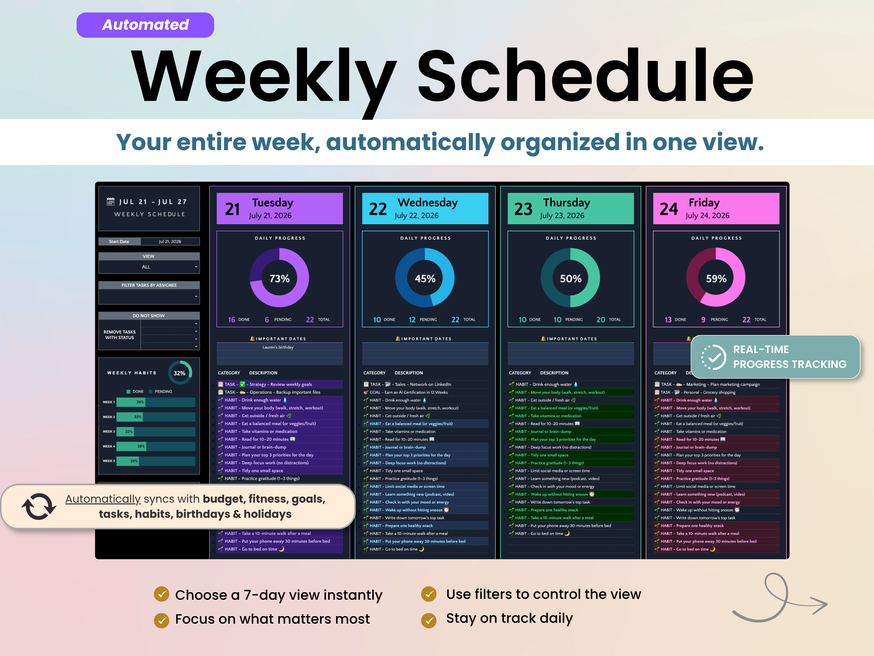 A promotional graphic for an automated weekly schedule dashboard template. The image features a pastel gradient background with the main title 'Weekly Schedule' in bold black text.