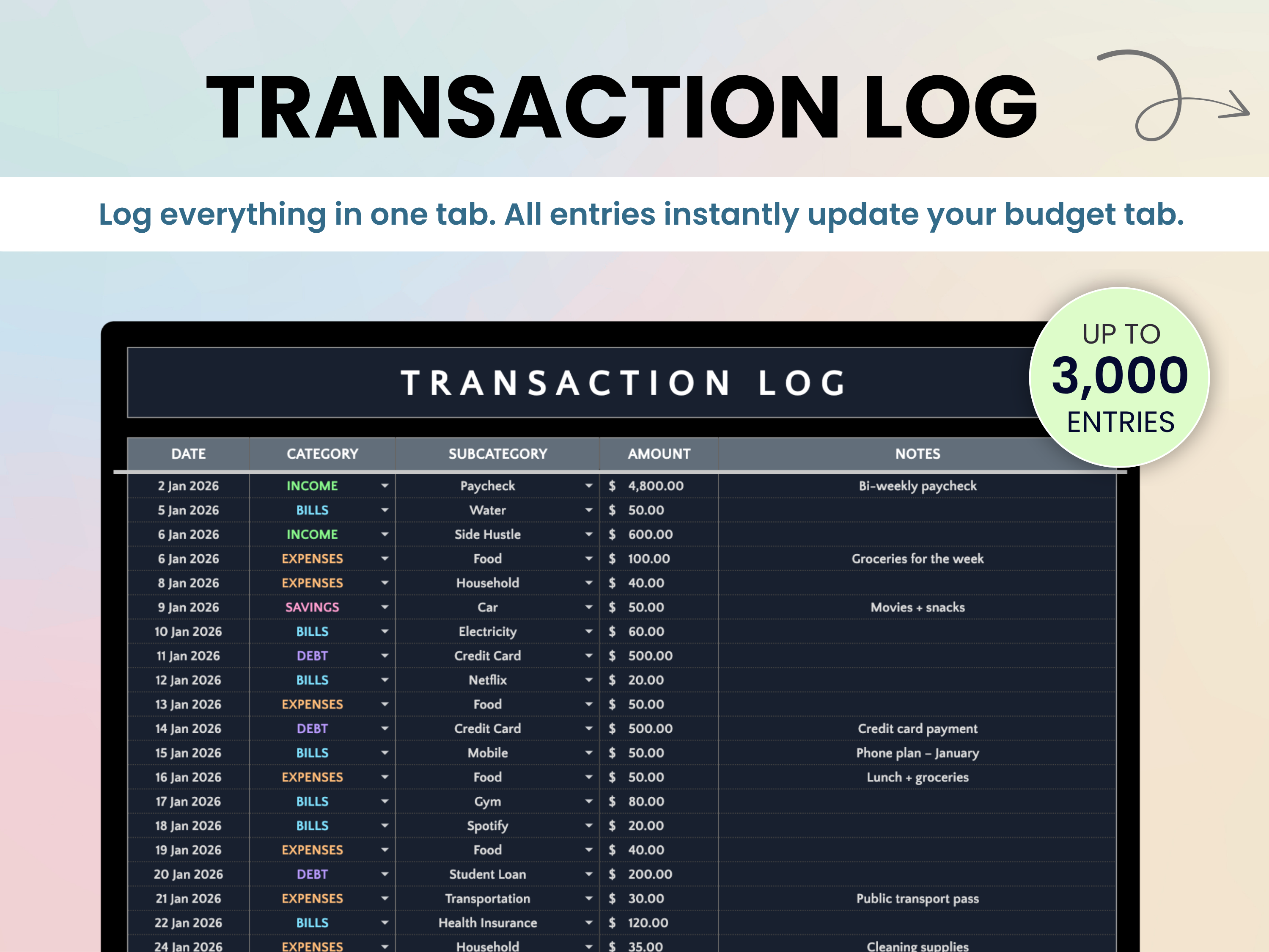 transaction log for your income, expenses, savings, and debts
