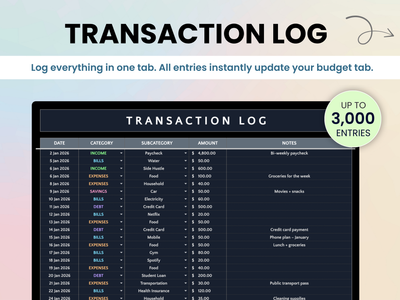 transaction log for your income, expenses, savings, and debts