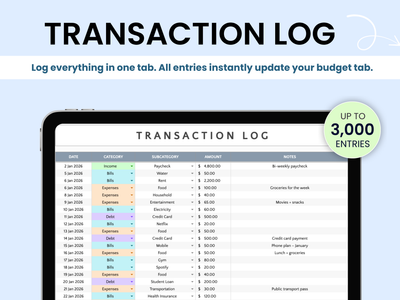 Transaction log for your income, expenses, savings, and debts