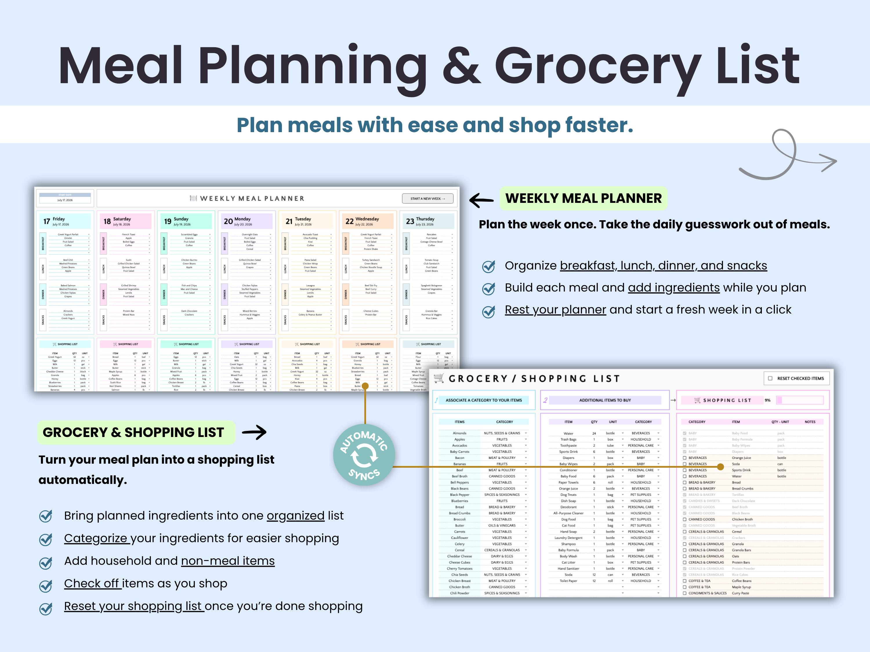 Promotional graphic for a digital meal planning and grocery list planner, showing sample layouts for a weekly meal planner and a grocery shopping list on a light blue background.