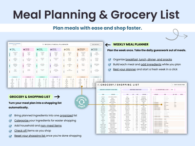 Promotional graphic for a digital meal planning and grocery list planner, showing sample layouts for a weekly meal planner and a grocery shopping list on a light blue background.