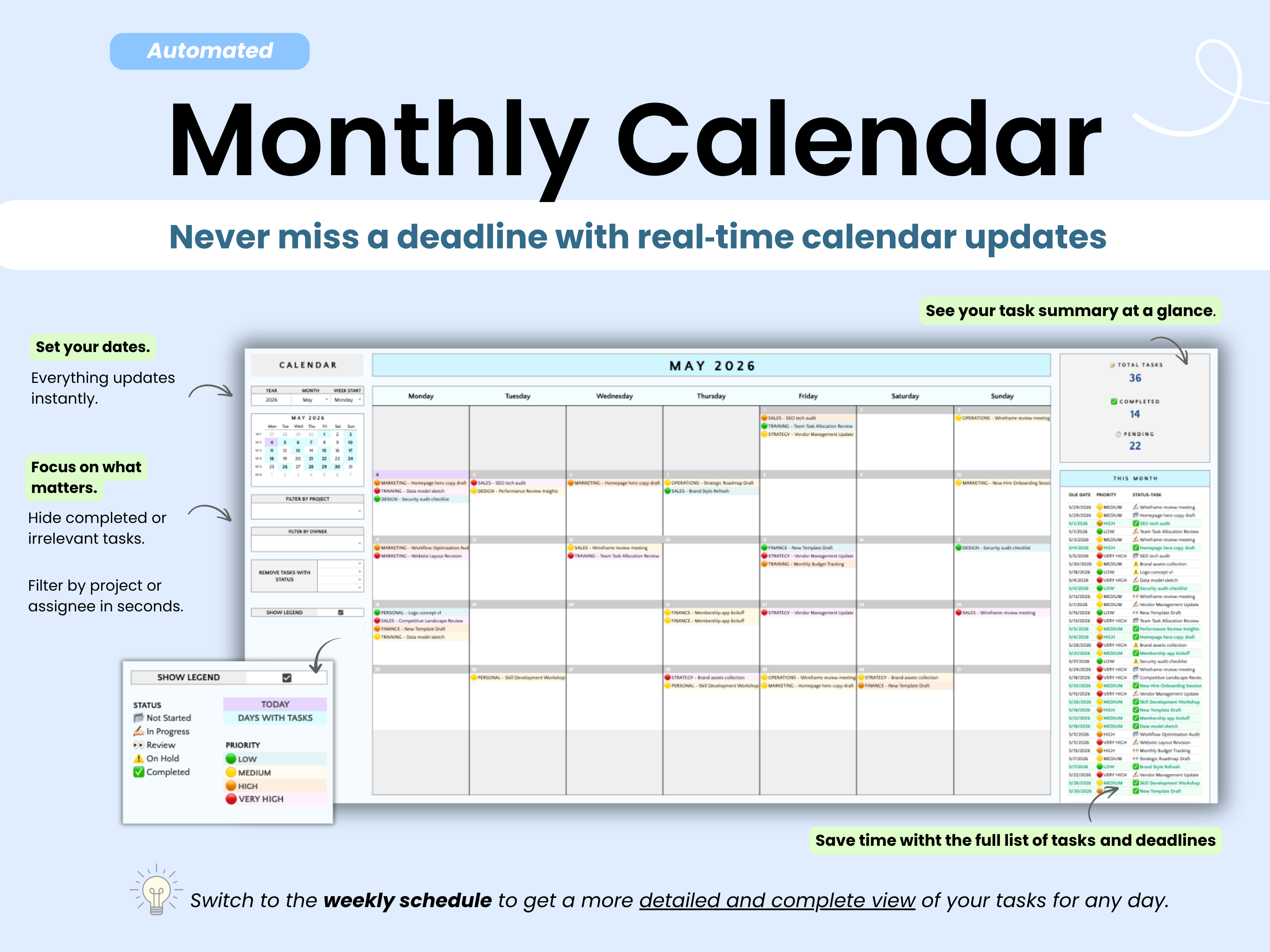 Monthly calendar with real-time updates and task summary on a white background