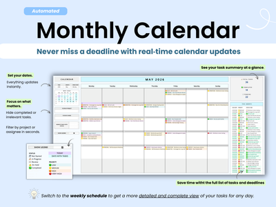 Monthly calendar with real-time updates and task summary on a white background