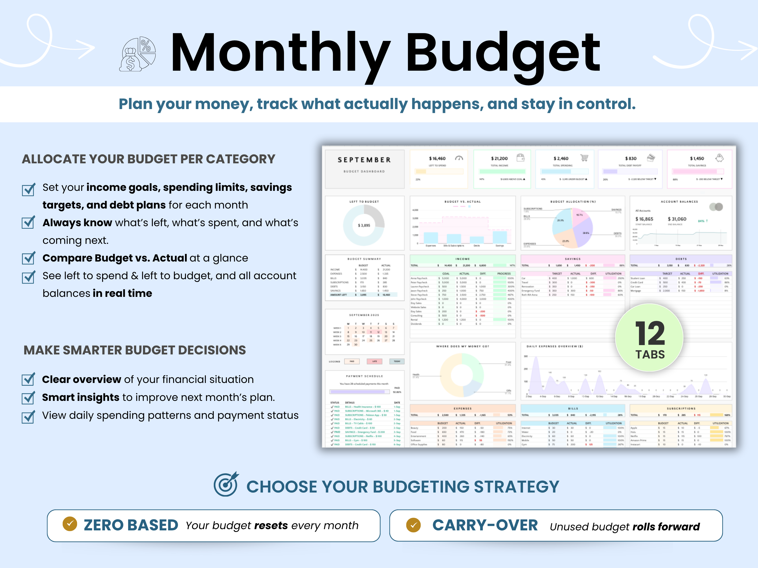 Monthly budgeting tool with features and benefits on a light blue background