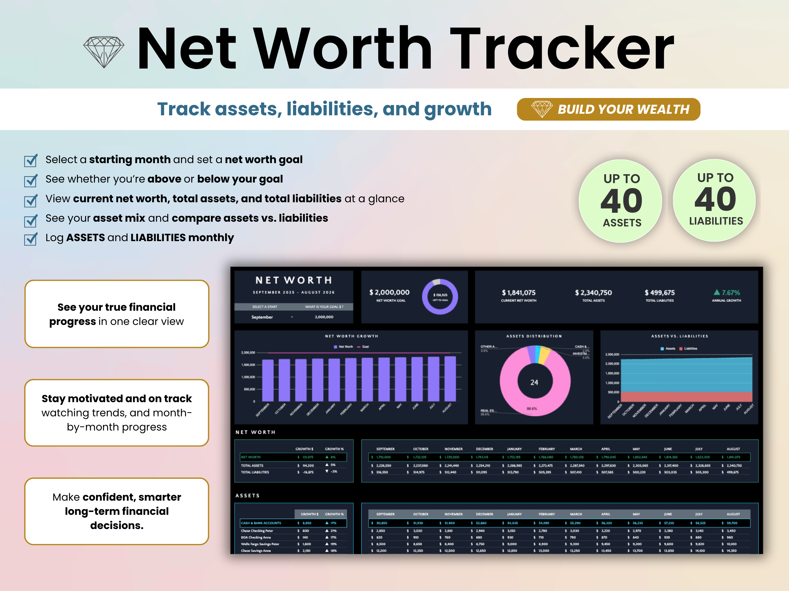 Net Worth Tracker software interface with features and benefits on a light background