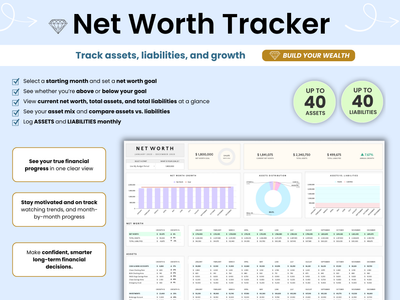 Net Worth Tracker software interface with charts and data on a light blue background
