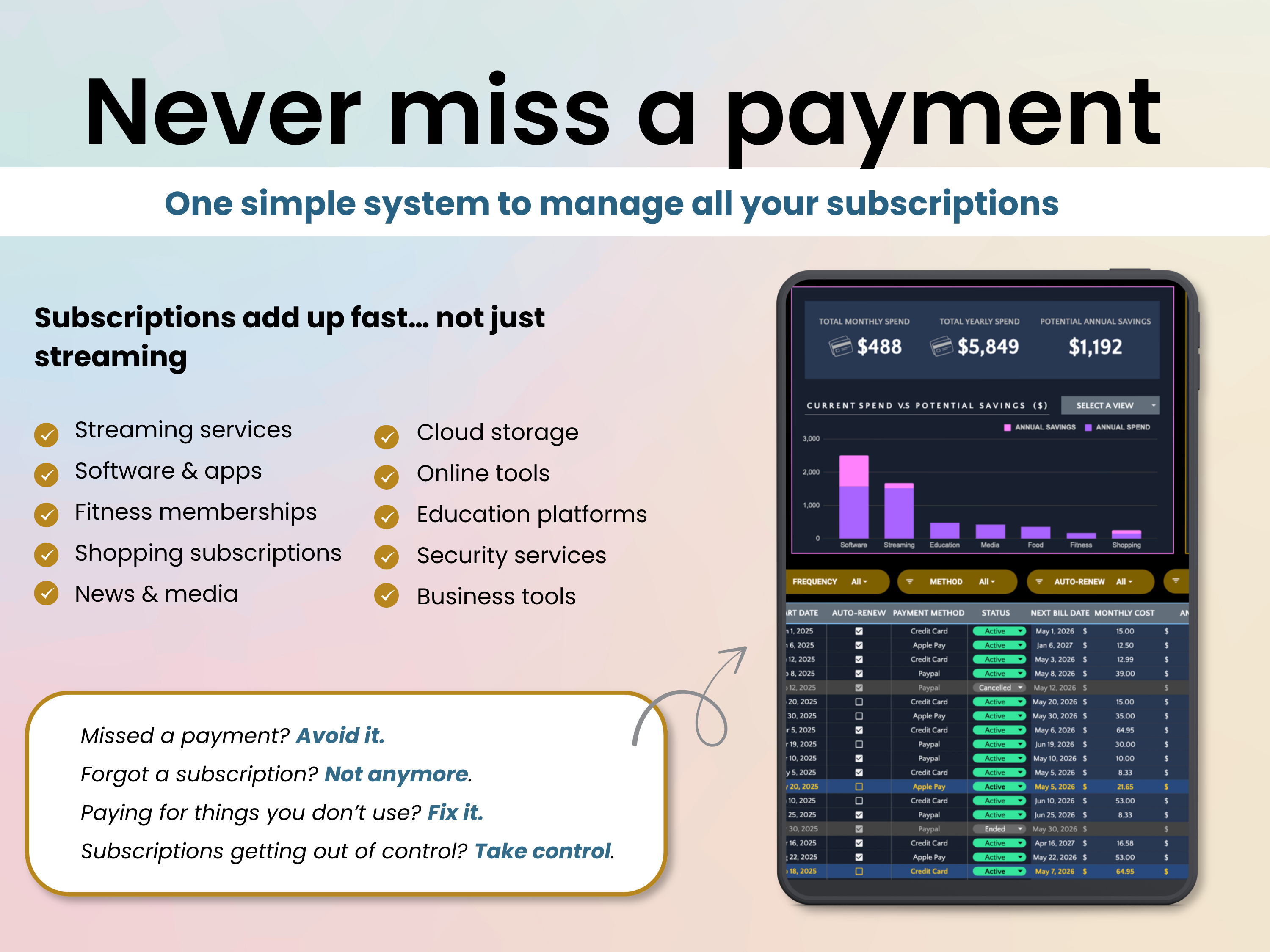 Never miss a payment