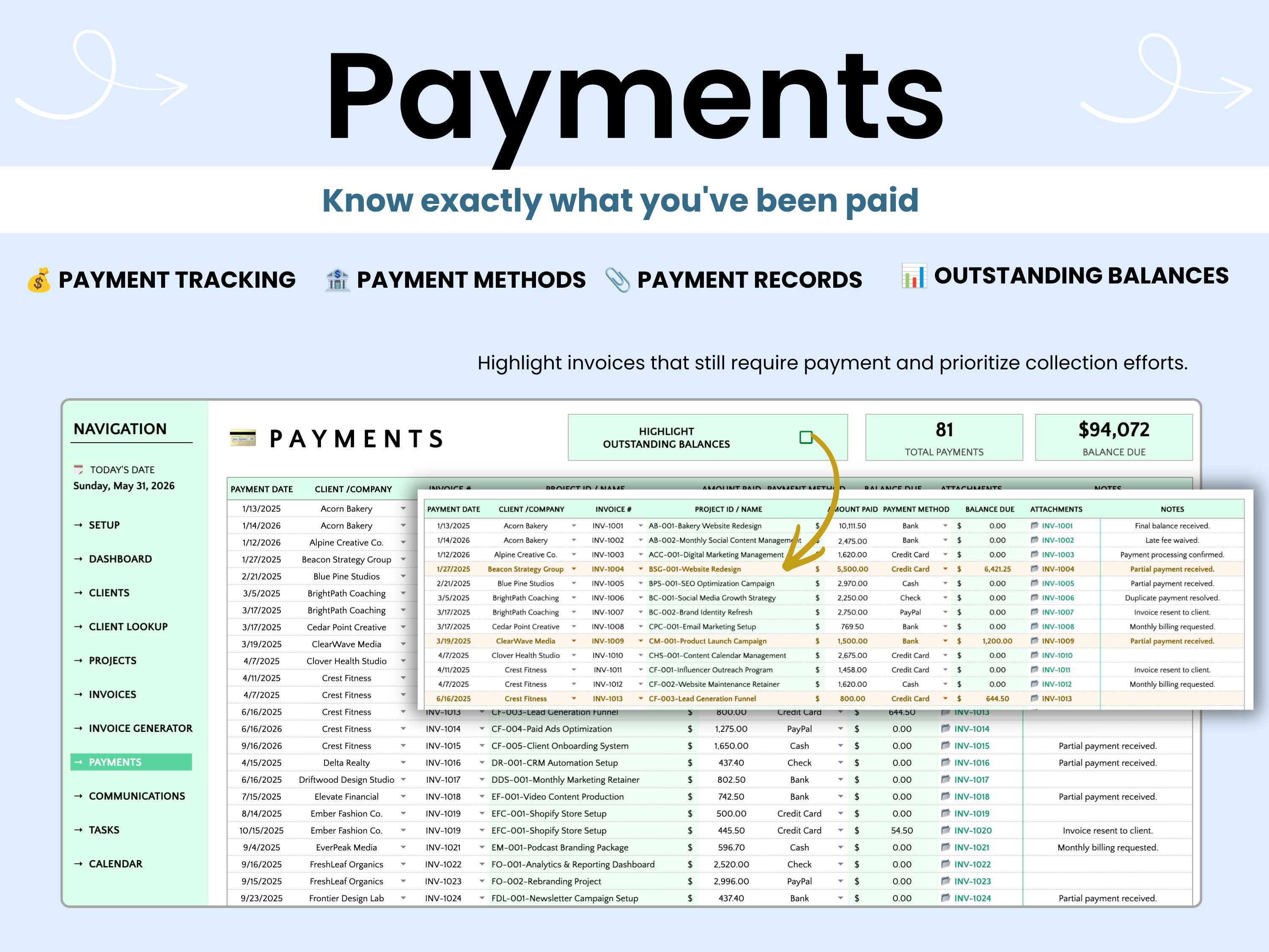 Payments tracking software interface with invoice details and totals.