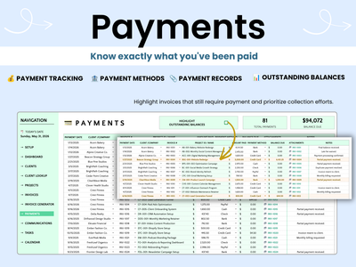 Payments tracking software interface with invoice details and totals.