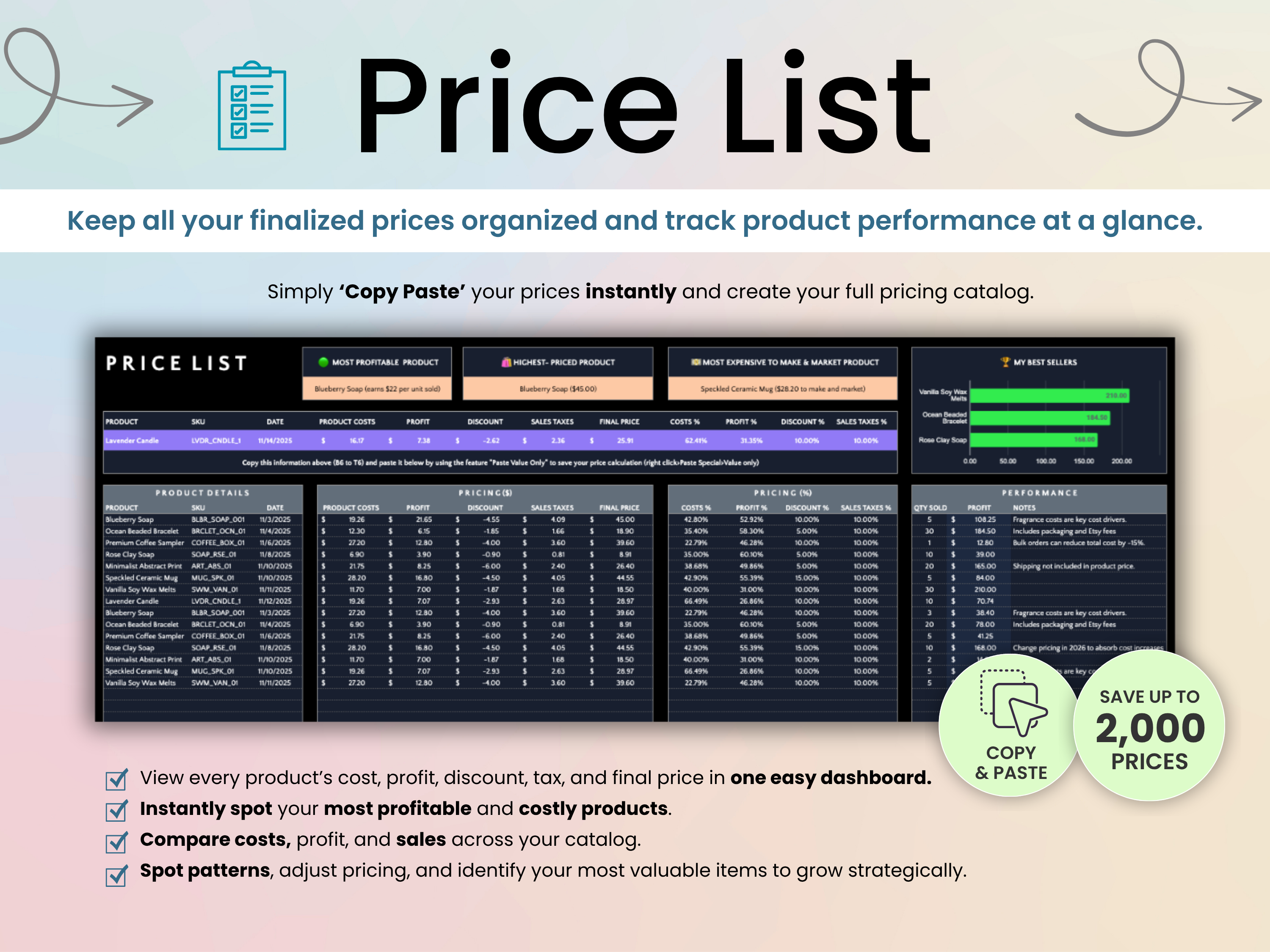 Price list software with features and benefits on a colorful background