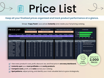 Price list software with features and benefits on a colorful background