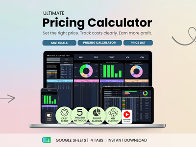 Pricing calculator software with a laptop, smartphone, and tablet displaying the app interface.