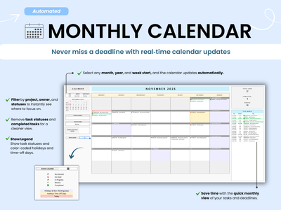 Monthly calendar software interface with task management features on a light blue background