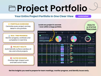 Promotional graphic for a Project Portfolio dashboard or software feature, with headline text, feature callouts, and a large project-status table and charts on a light background.