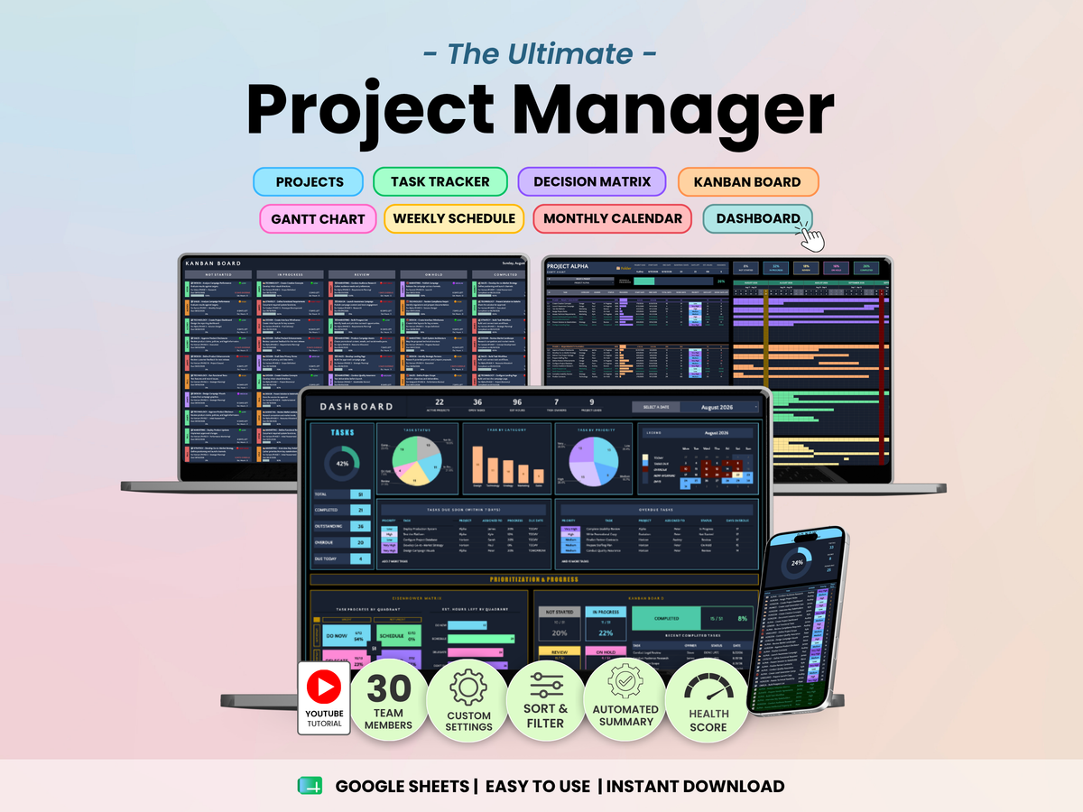 Ultimate Project Manager Pro - Dark Mode Template for Google Sheets