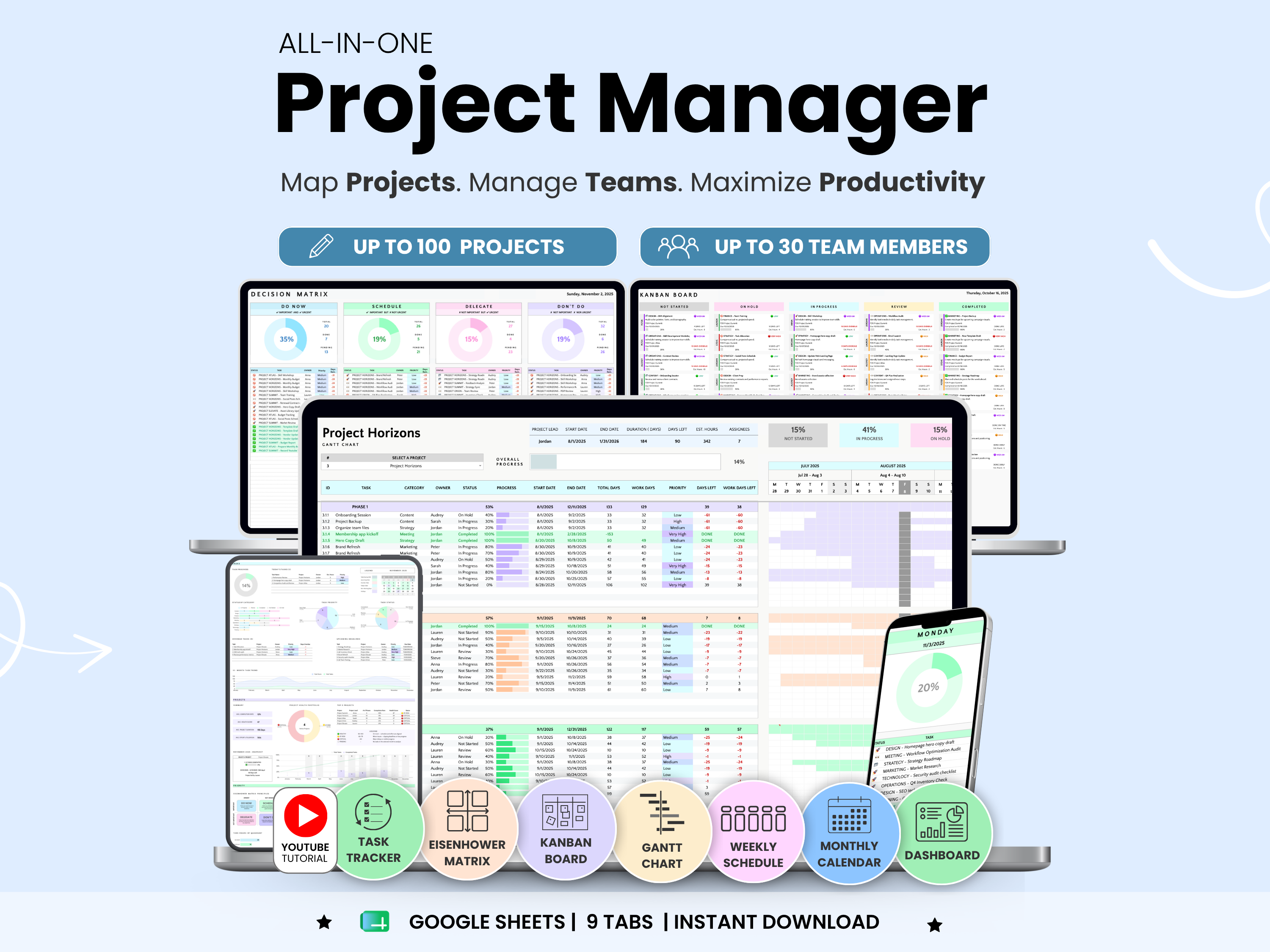 All-in-one project management software with multiple screens on a light blue background