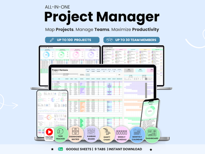 All-in-one project management software with multiple screens on a light blue background