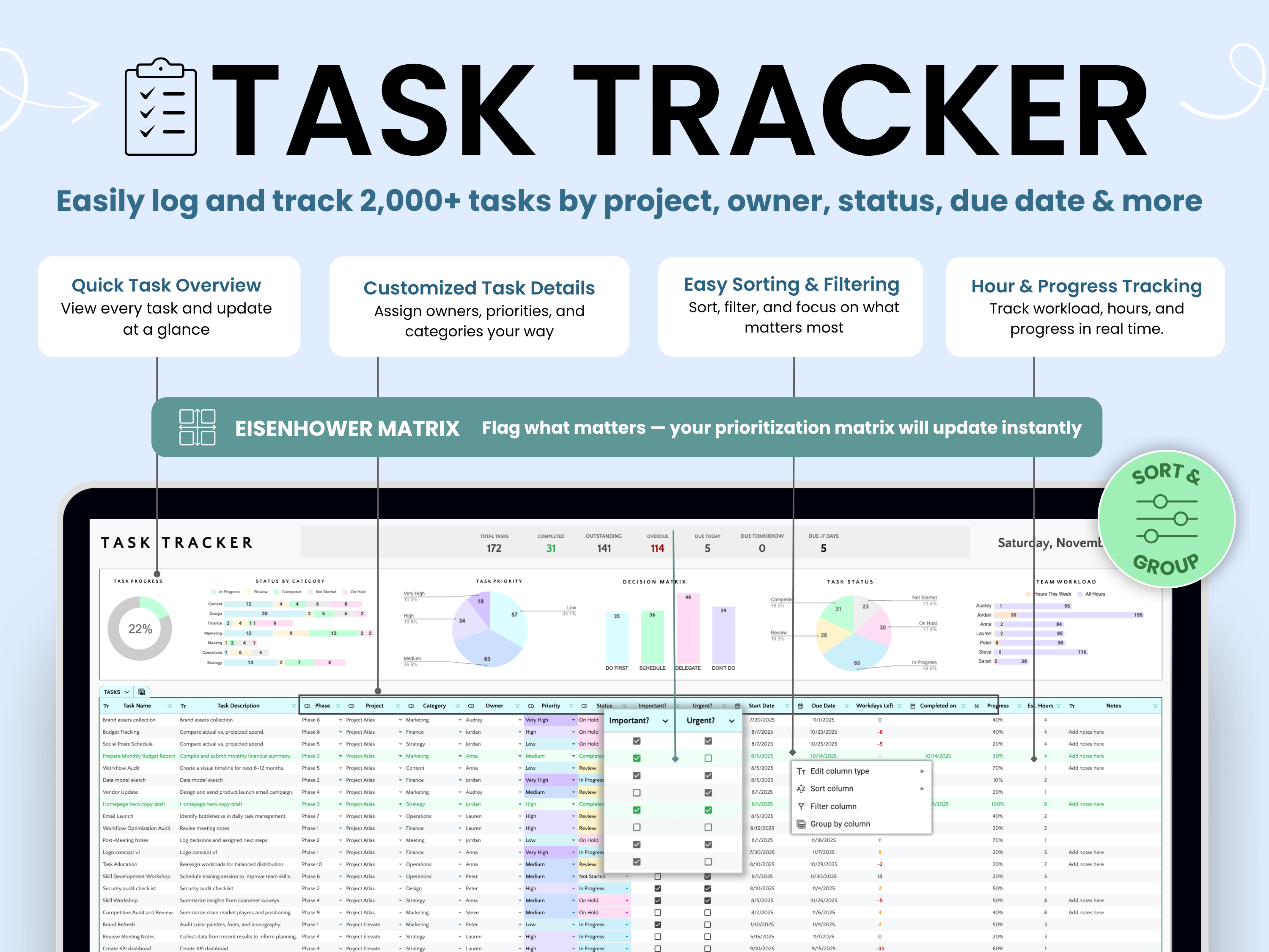 Task tracker software interface with various features highlighted