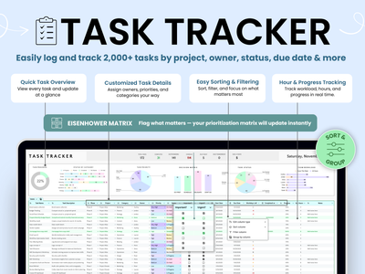 Task tracker software interface with various features highlighted