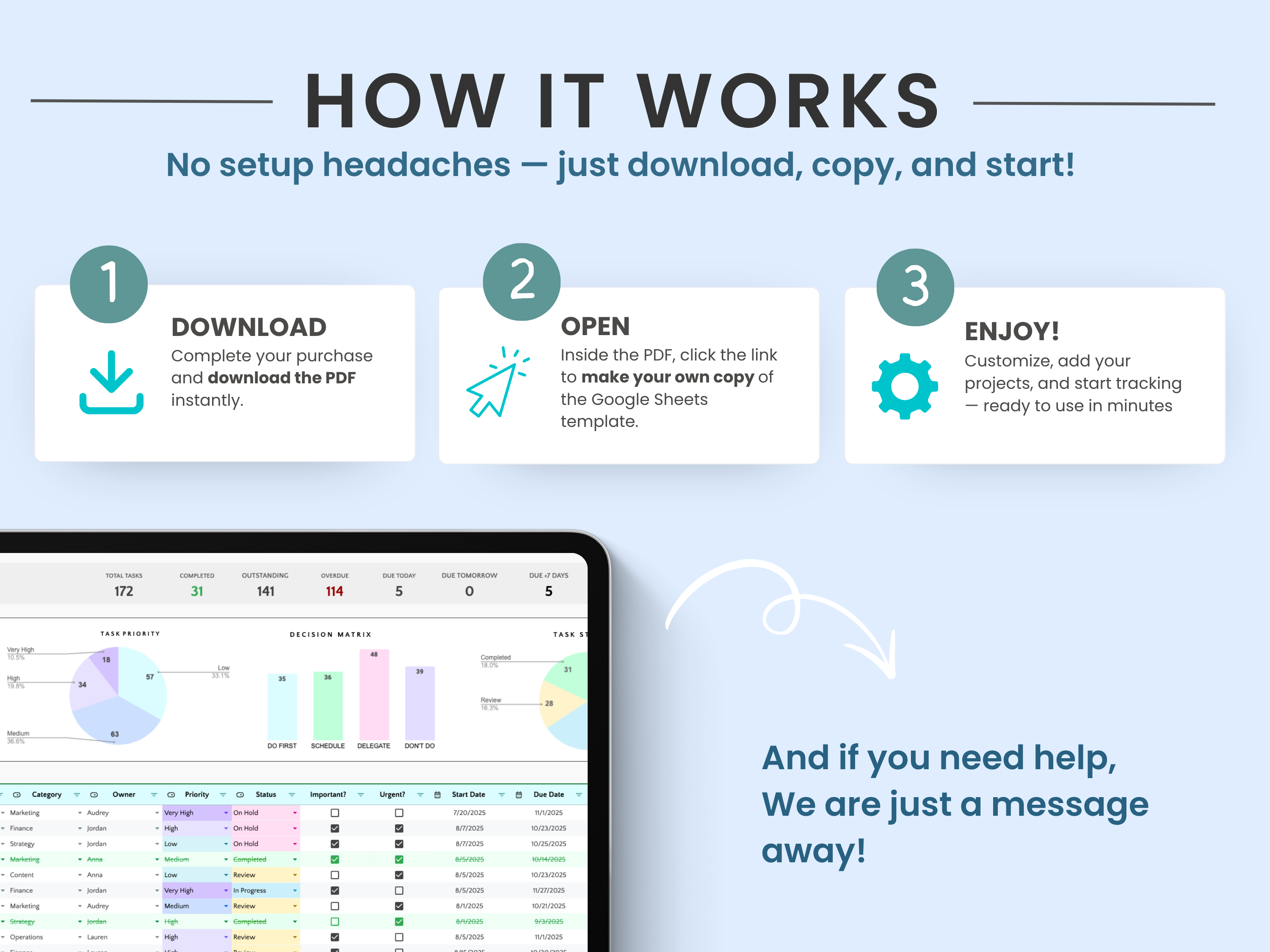 Step-by-step guide on how to use a software product with a laptop displaying a spreadsheet.
