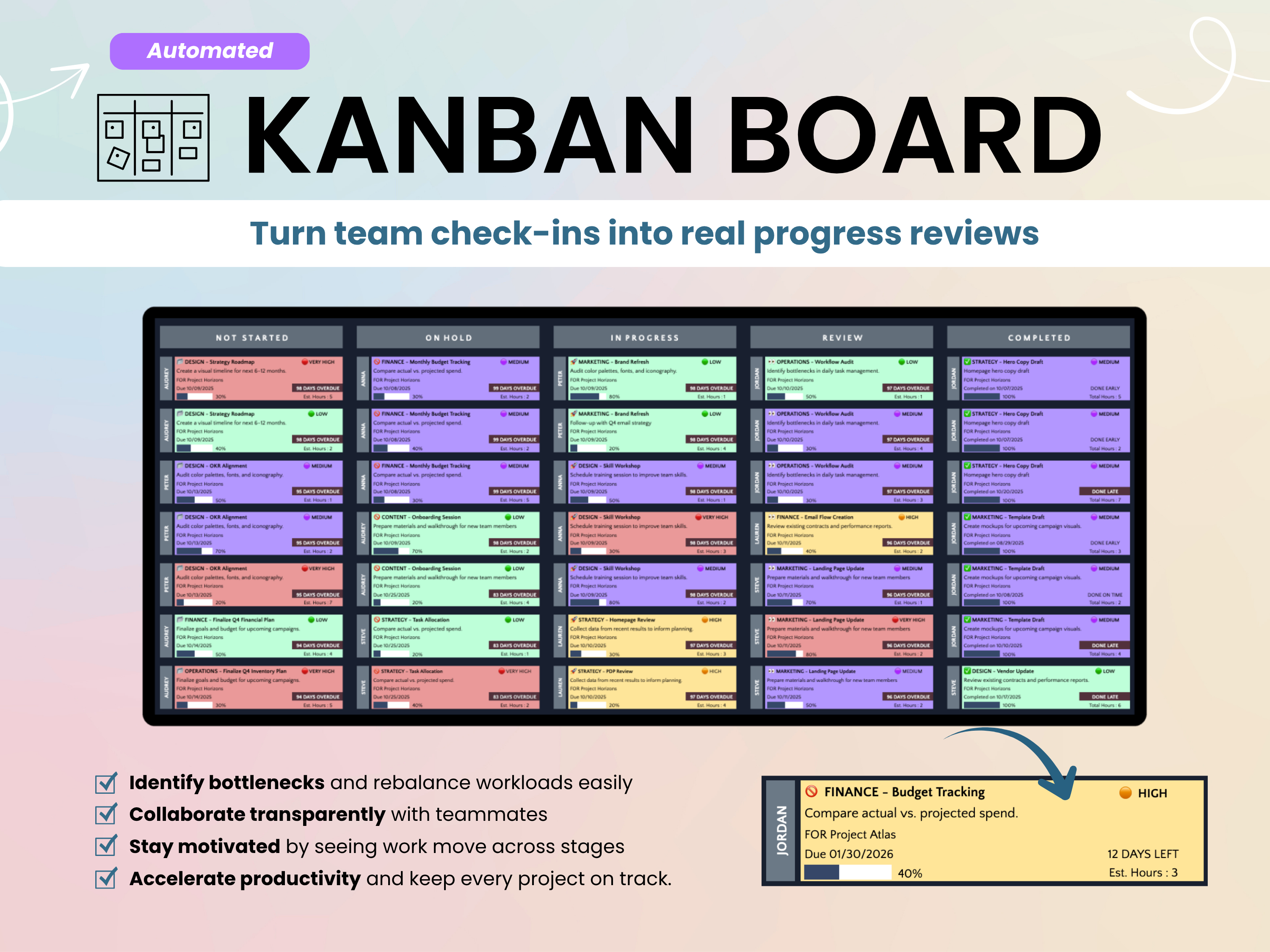 Kanban board with colorful columns on a gradient background