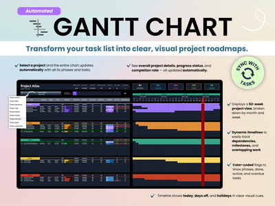 Gantt chart software interface with project management features on a light blue background