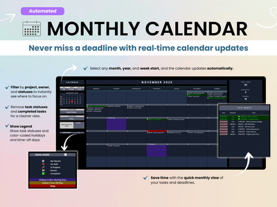 Monthly calendar software interface with features highlighted on a light pink background