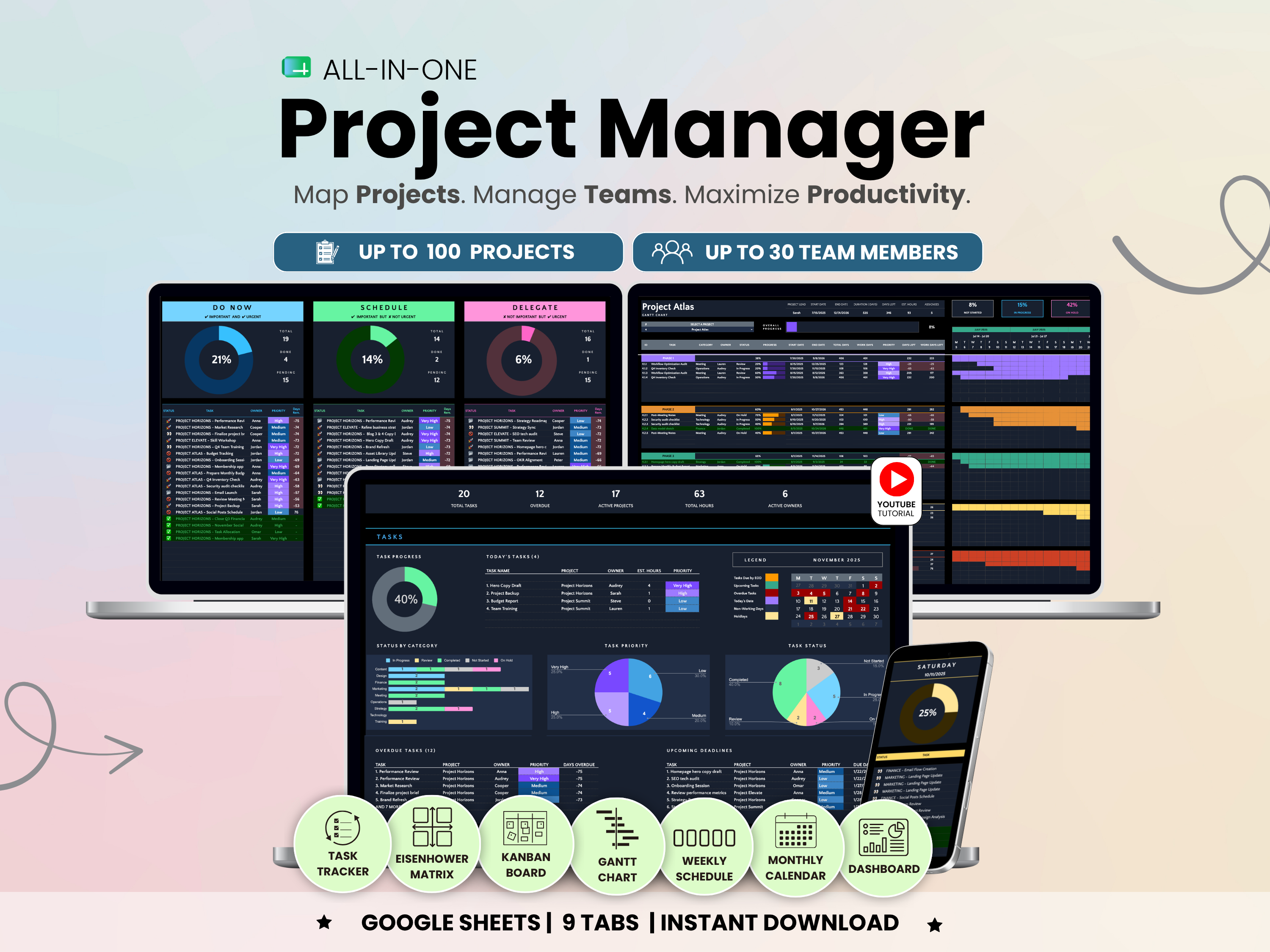 All-in-one project management software with multiple screens on a light pink background