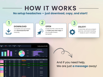Step-by-step guide on how to use a project planner software with a tablet displaying the software interface.