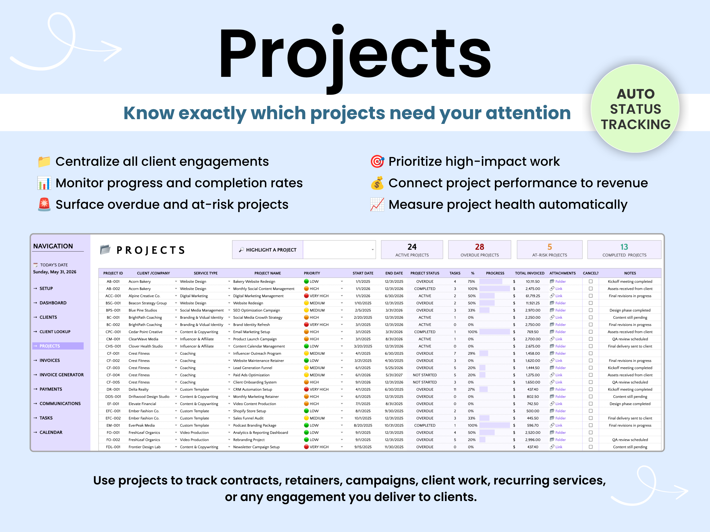 Project management software interface with project tracking details