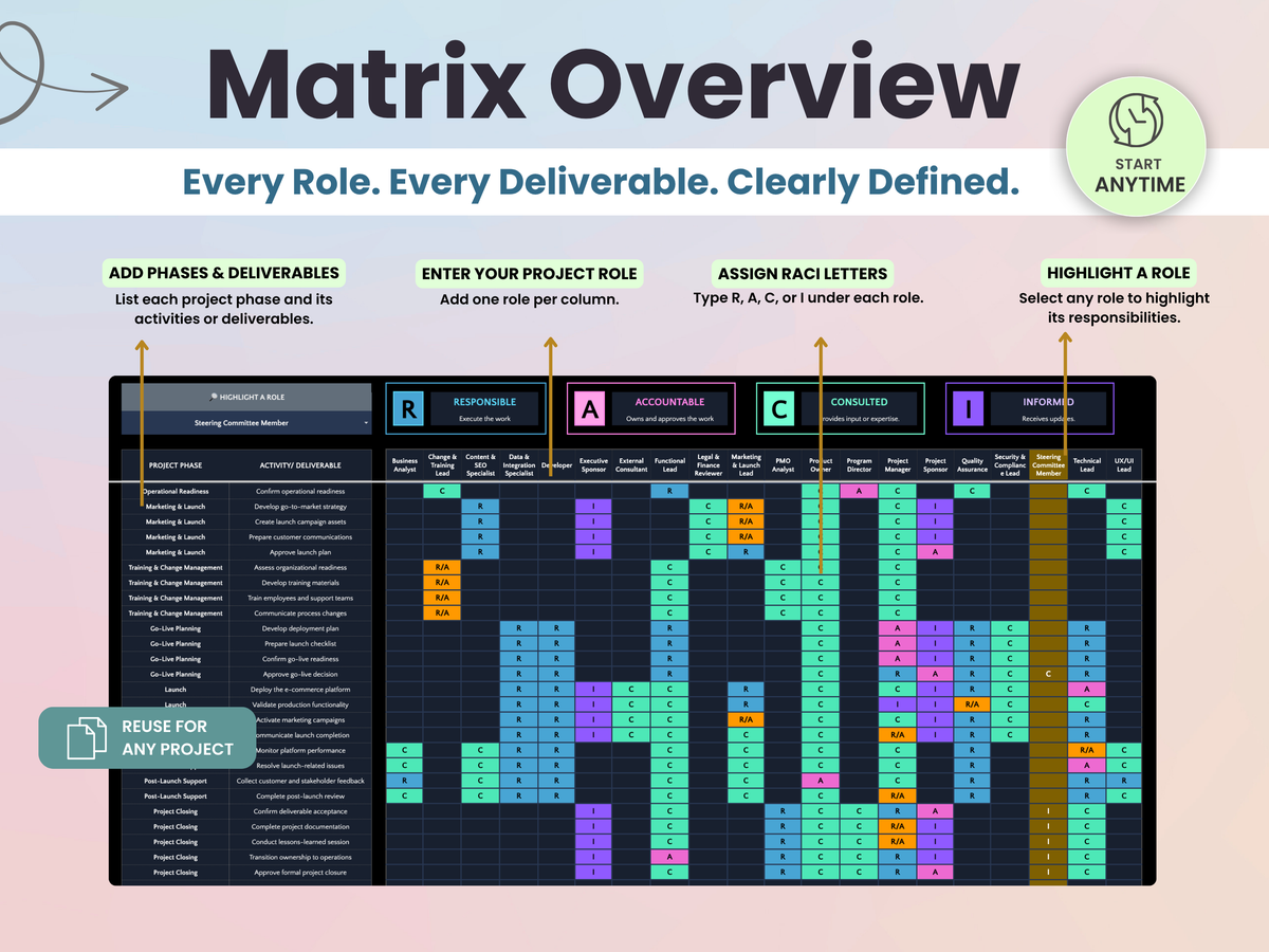 A digital graphic explaining a project matrix template, titled 'Matrix Overview'. It features a dark grid with colorful colored cells representing project phases and roles, surrounded by instructional text callouts and a green 'Start Anytime' badge.