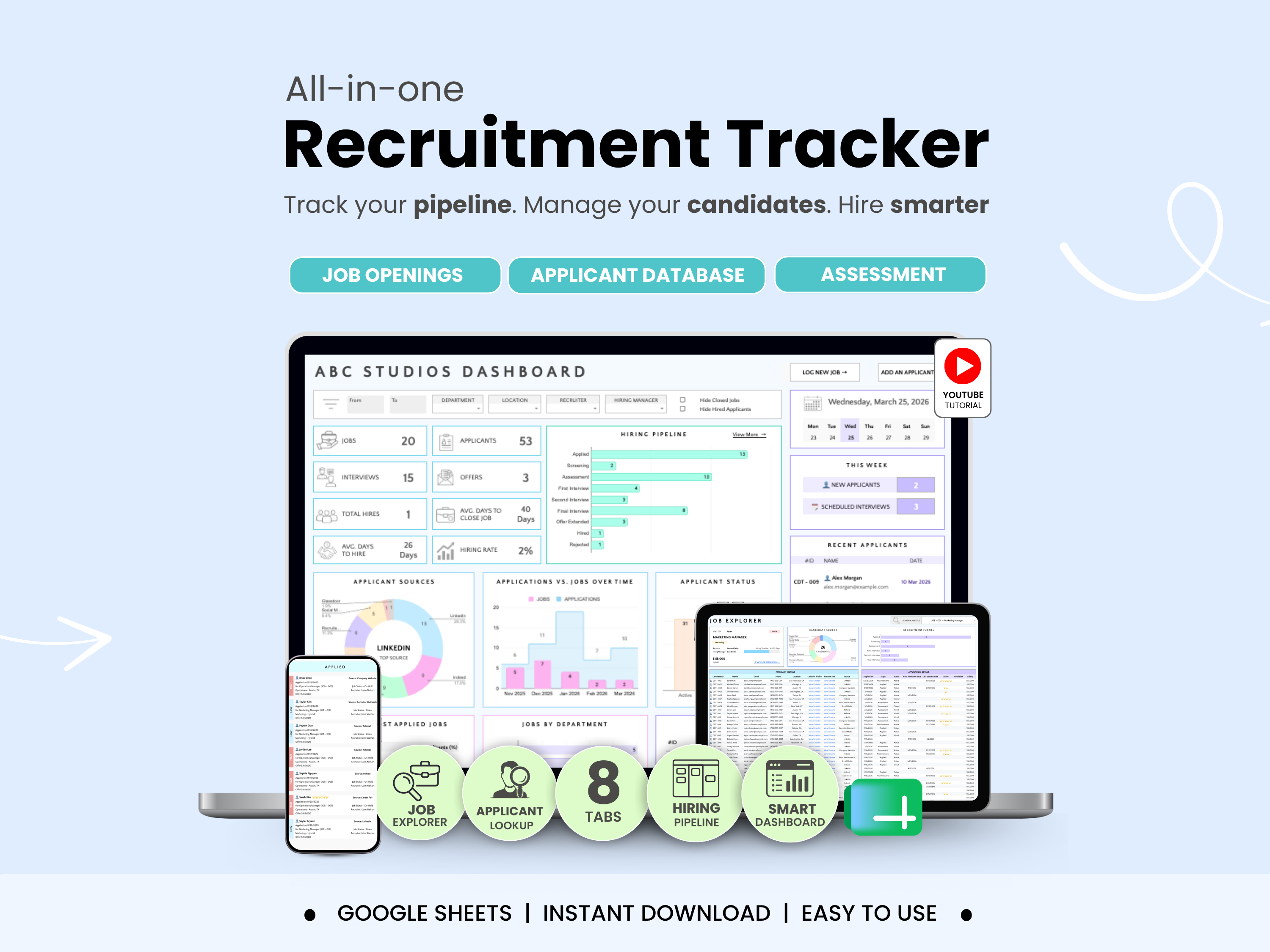 All-in-one recruitment tracker software with dashboard on computer screen, smartphone, and tablet.
