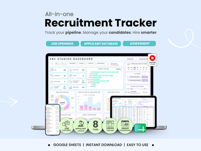 All-in-one recruitment tracker software with dashboard on computer screen, smartphone, and tablet.