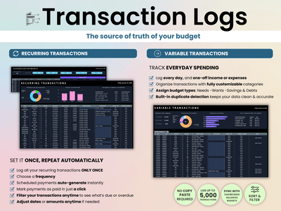 Transaction logs software with features and benefits on a light background