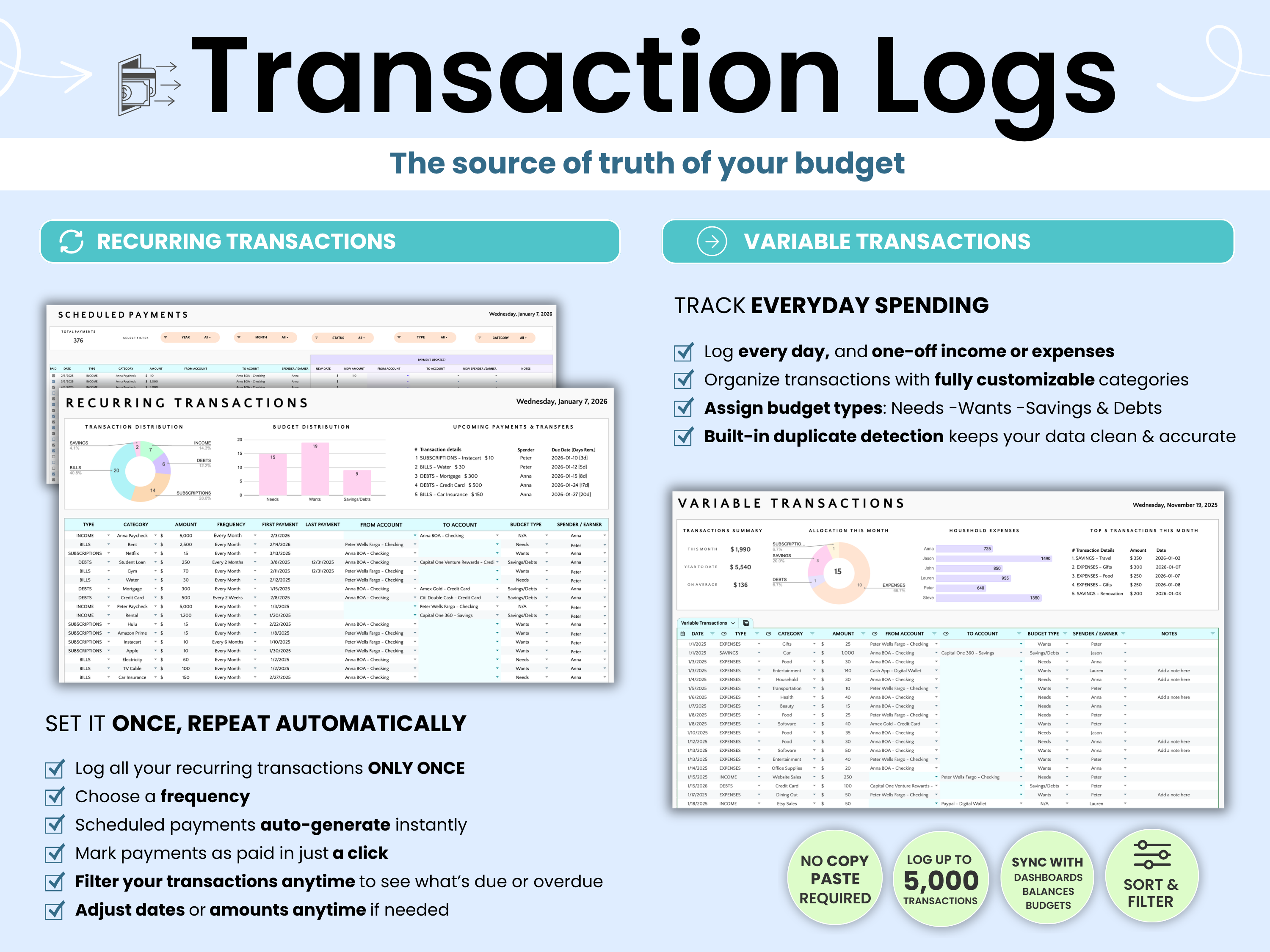 Screenshot of a financial application with transaction logs and budget tracking features.