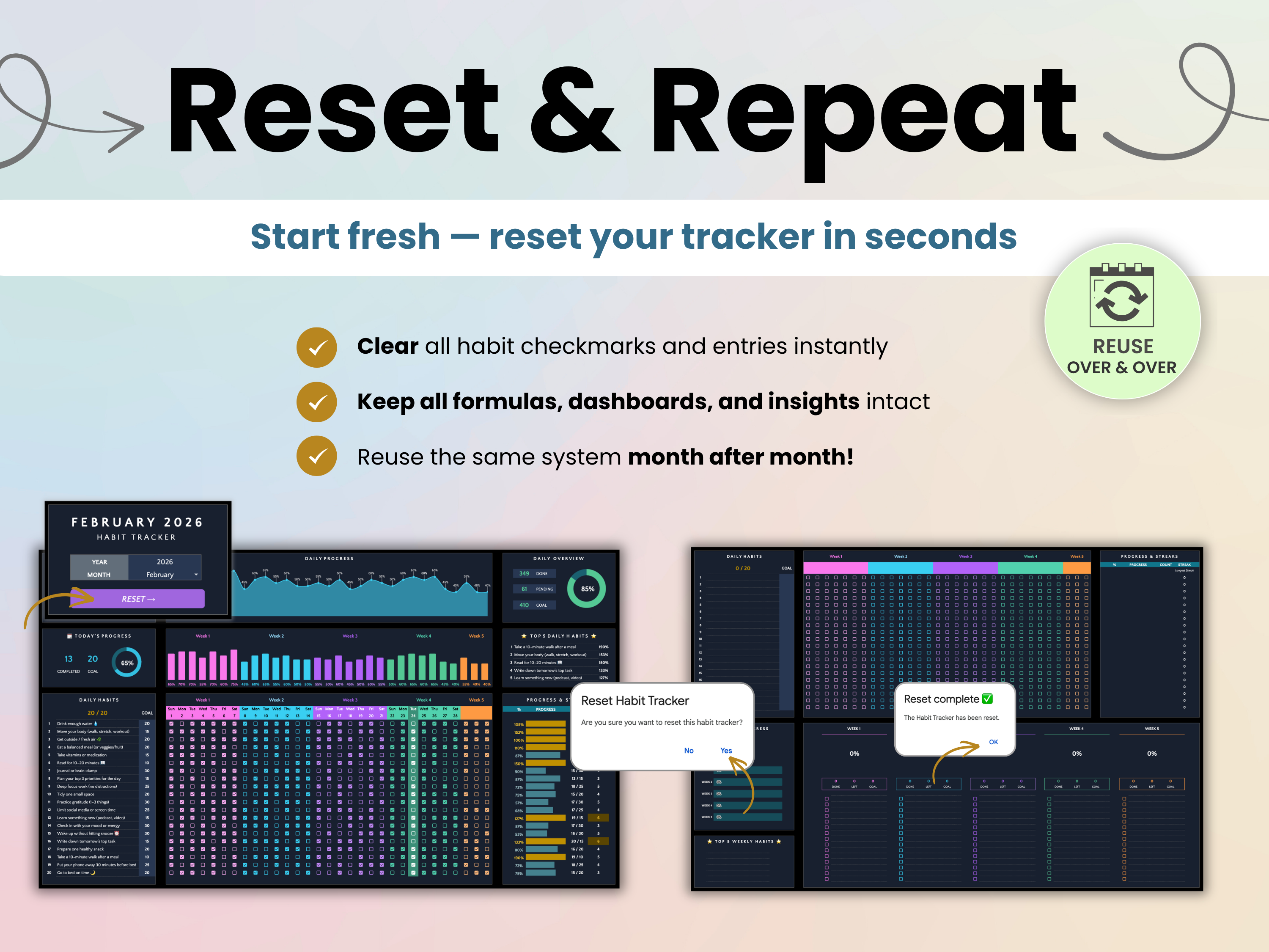 Reuse the habit tracker month after month with the reset feature