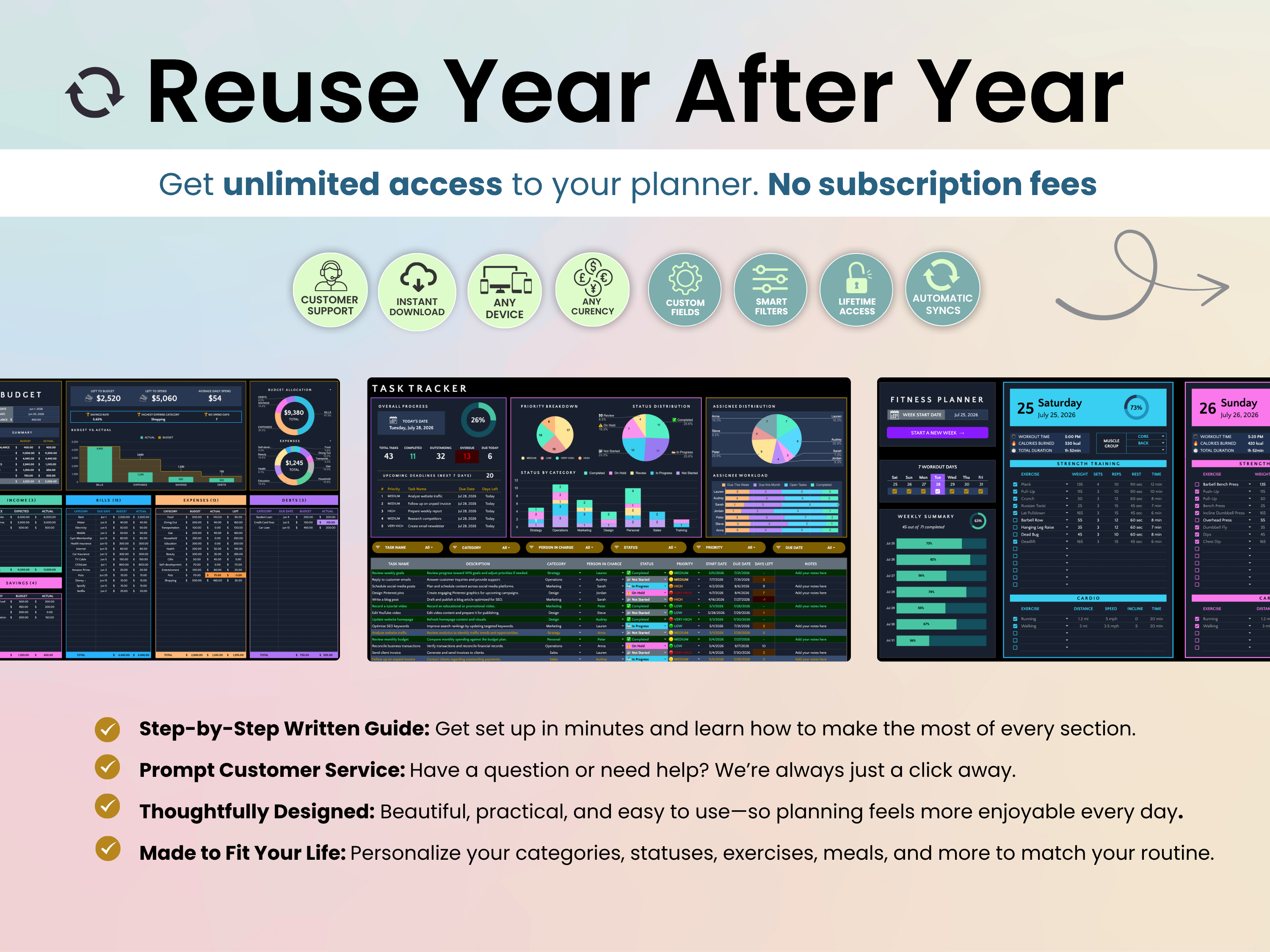 A promotional graphic for a digital planner template set, titled 'Reuse Year After Year'. The banner features a soft beige-to-pale-pink gradient background with icons indicating features like customer support, mobile access, and dashboard access.