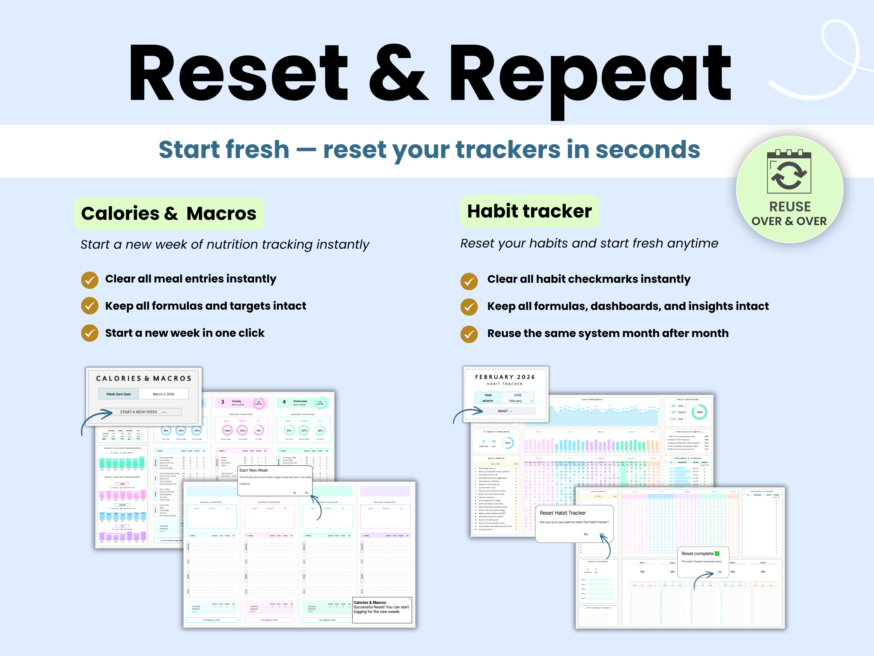 Reuse the calories and macros tracker and the habit tracker month after month or week after week with the reset feature