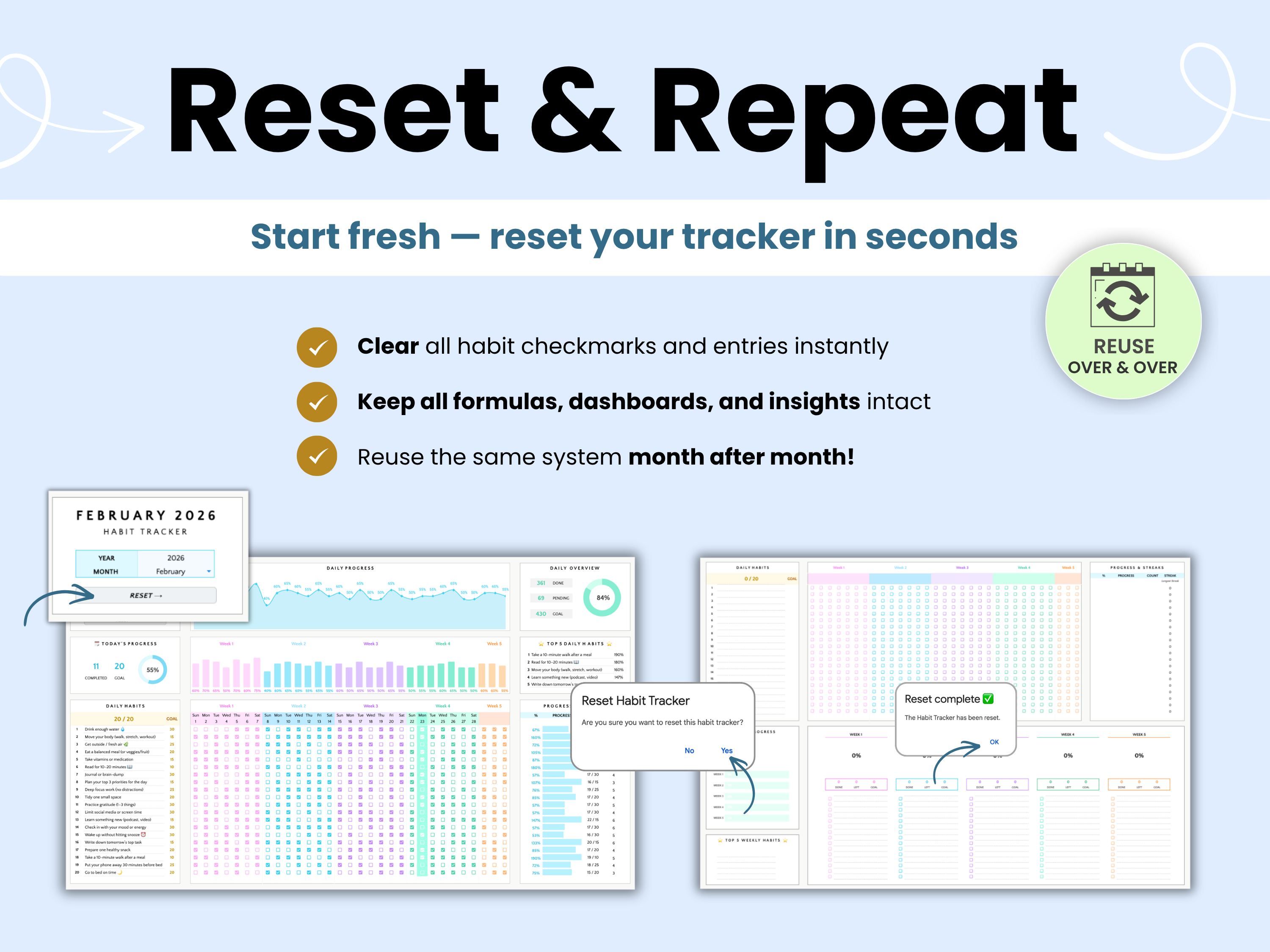 Reuse the habit tracker month after month with the reset feature