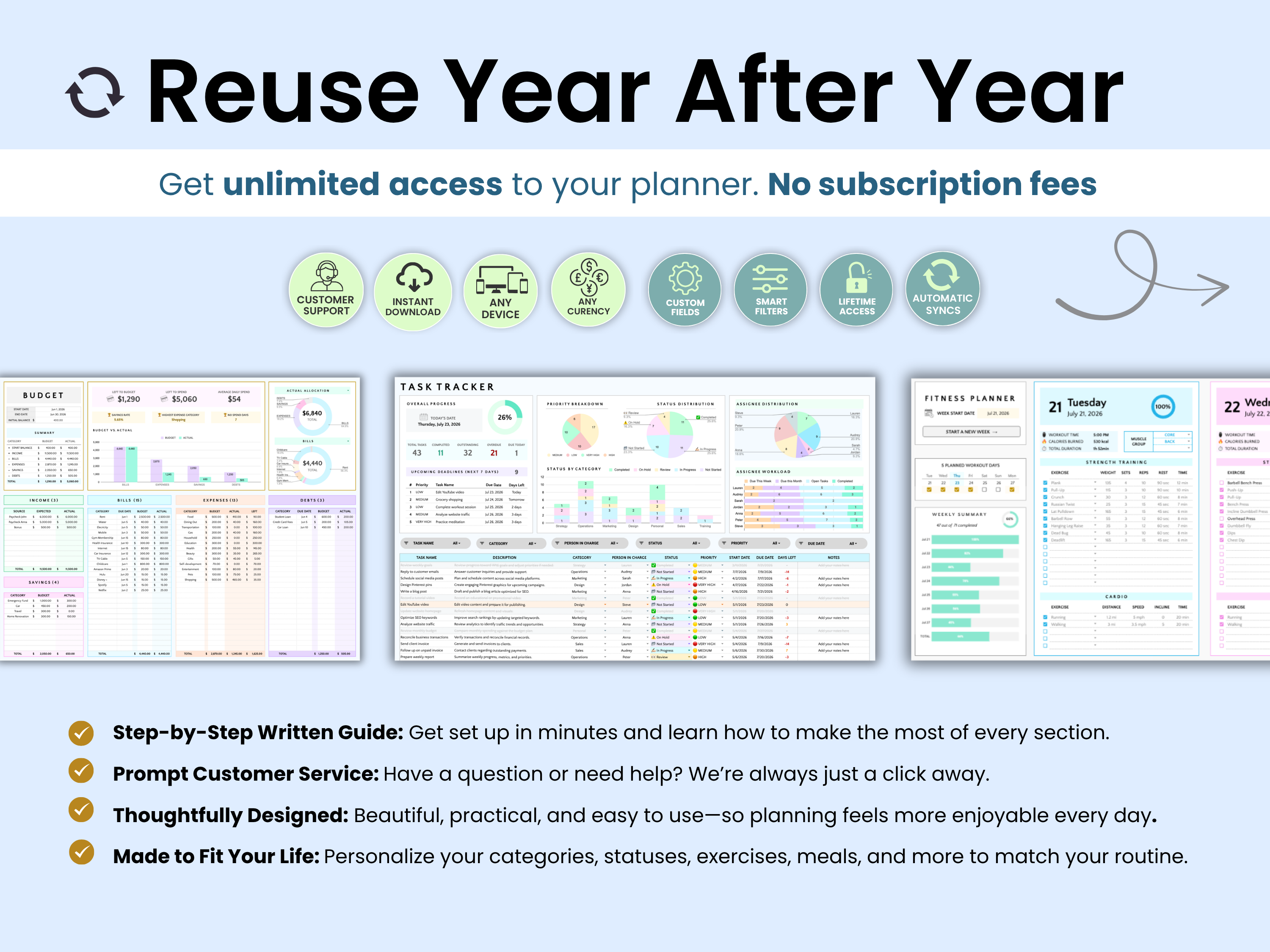 A promotional graphic for a digital planner template, titled 'Reuse Year After Year'. It features a light blue background with a white header.